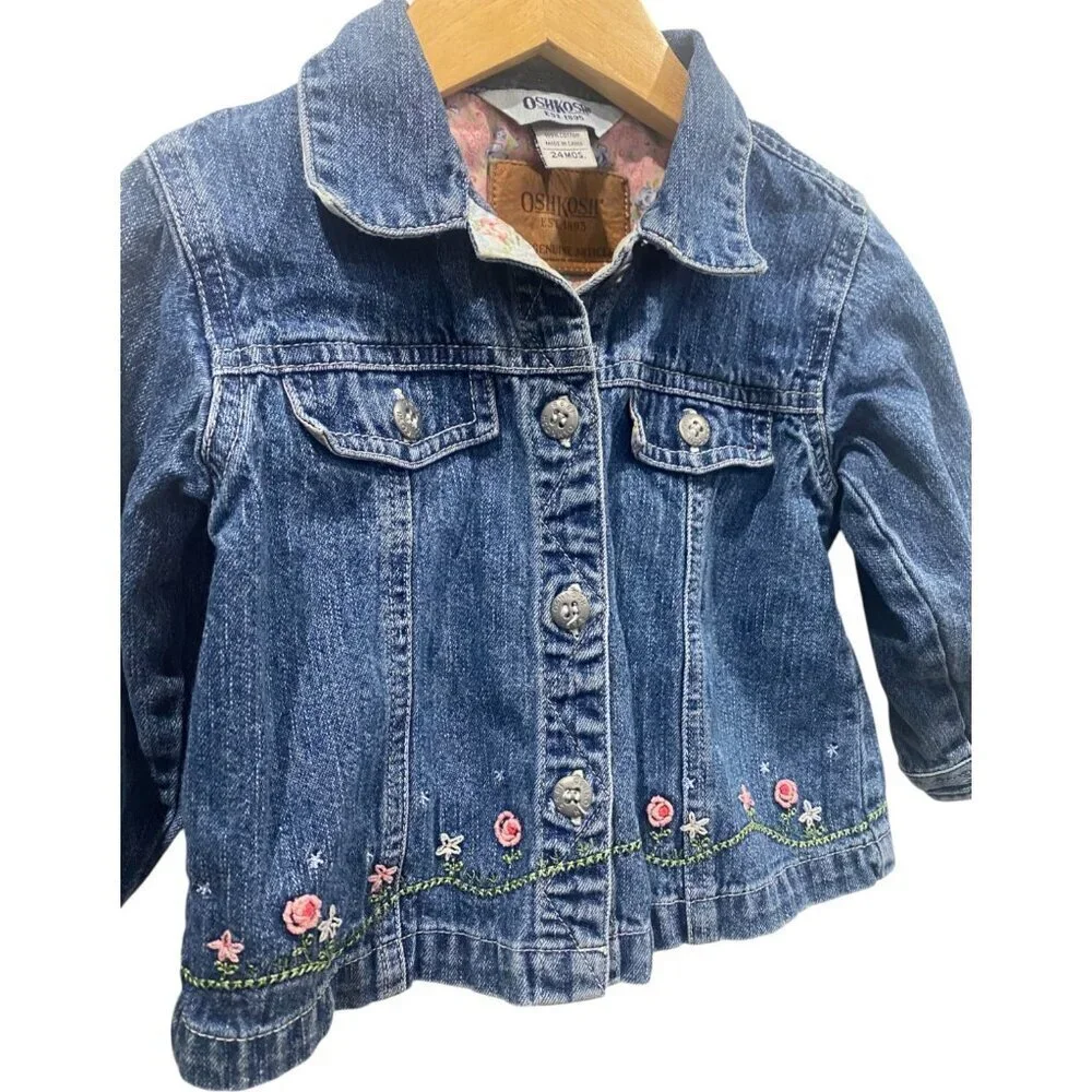 Oshkosh B'Gosh Denim Floral Embroidered Jacket Girls Size 24 Months